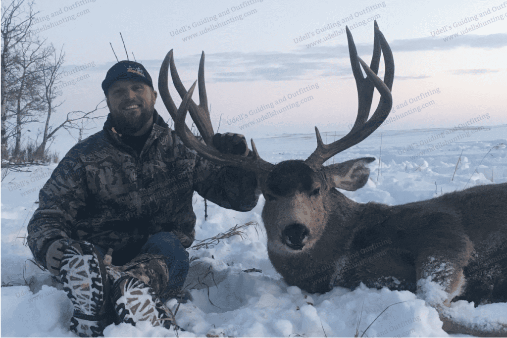 A man kneeling down next to a deer in the snow.