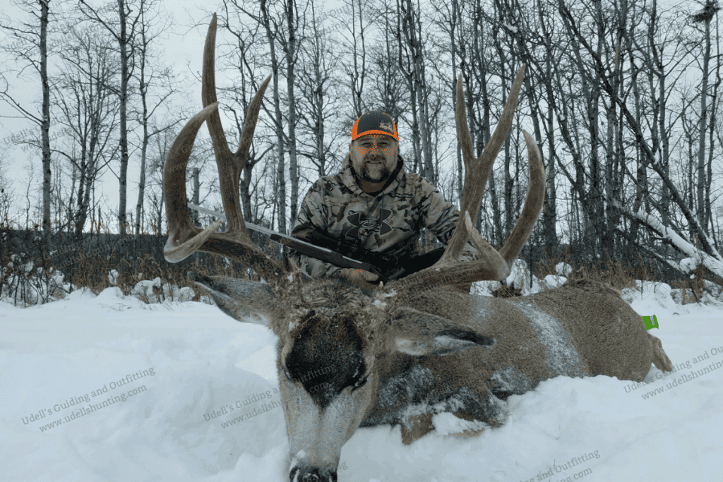 A man kneeling down with a deer in a field.