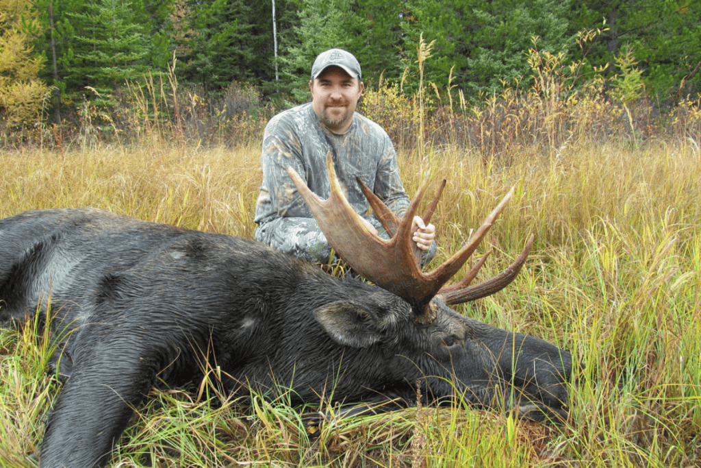 A man kneeling next to a moose in the grass.