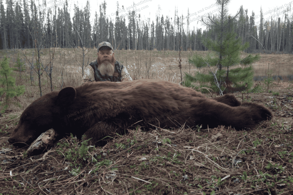 A man kneeling down next to a black bear.