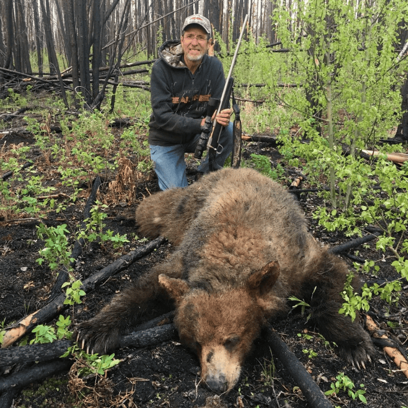 A man kneeling next to a bear in the woods.