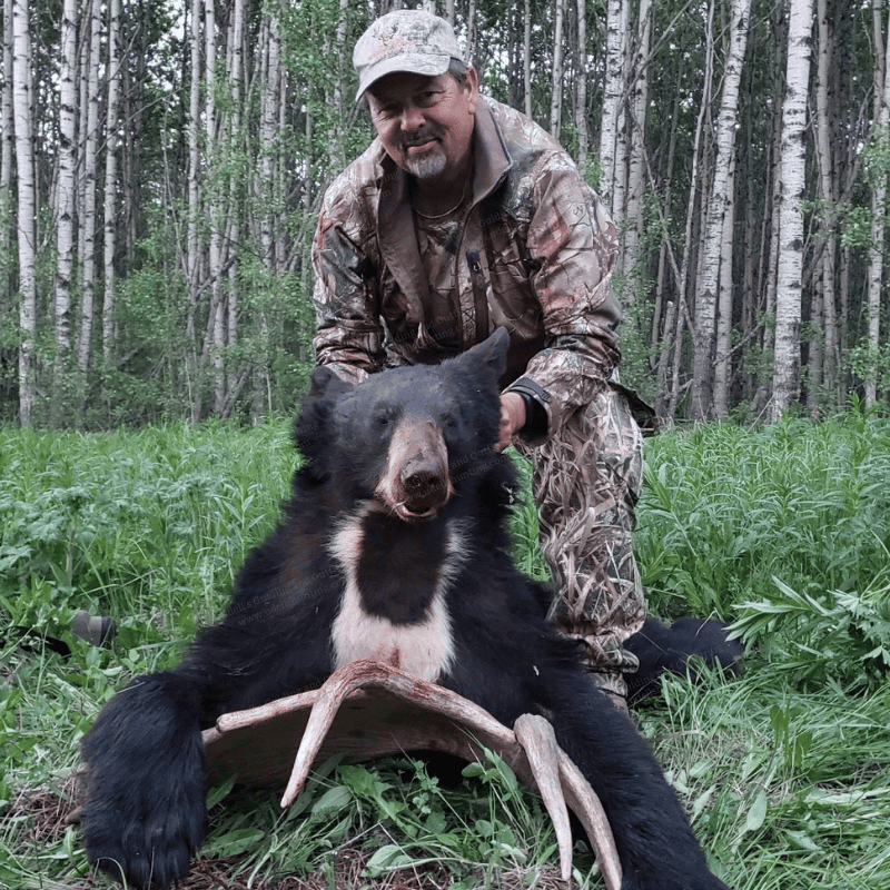 Two people are kneeling next to a black bear.