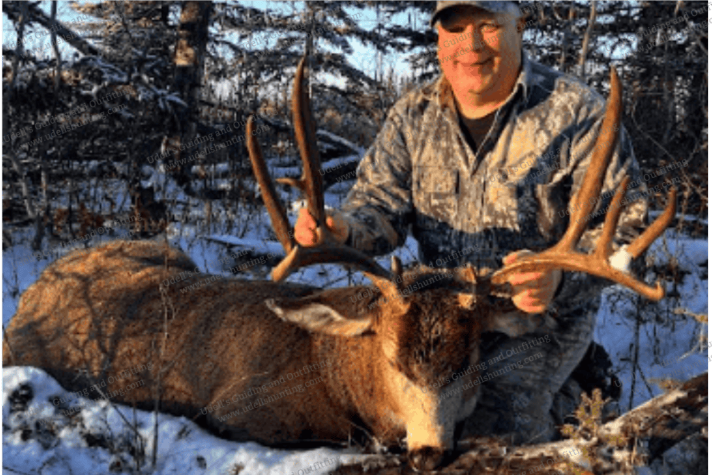 big buck with large antlers harvested during deer hunting season in snowy forest